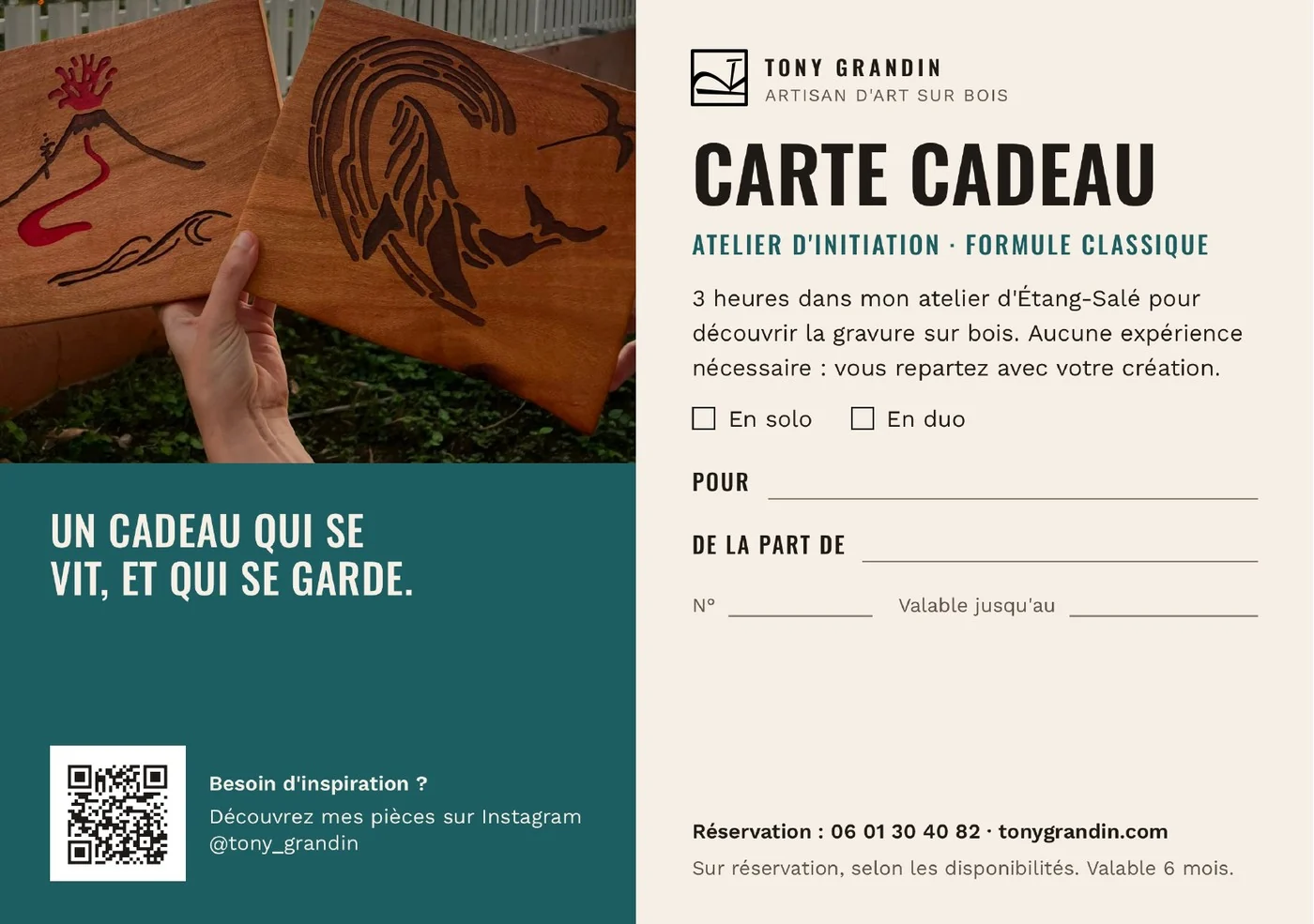 La carte cadeau : atelier d'initiation, formule classique, en solo ou en duo, valable 6 mois