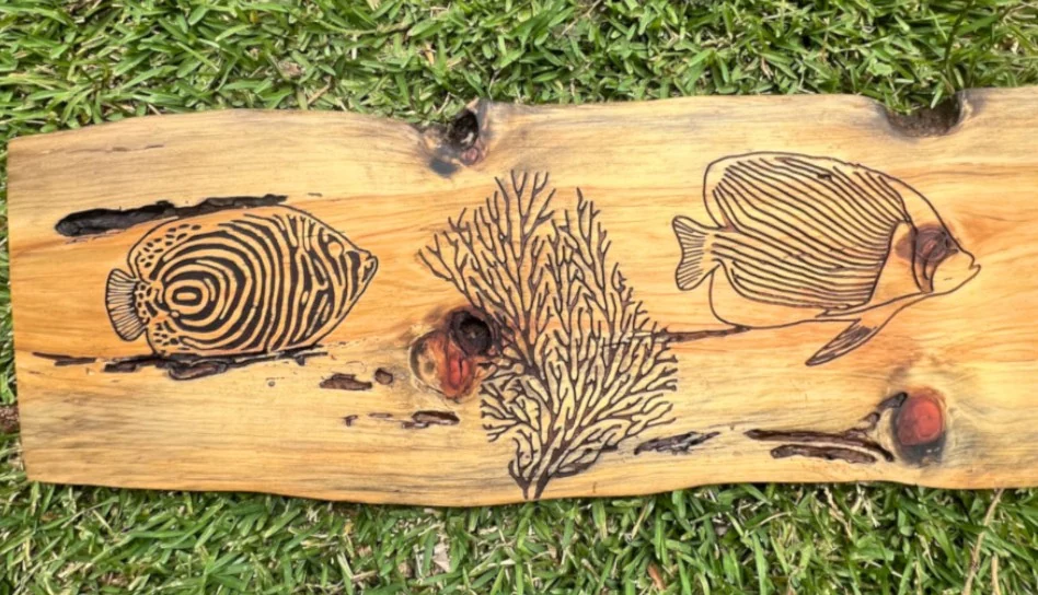 Ange empereur & poisson papillon — gravure sur bois en Araucaria, par Tony Grandin
