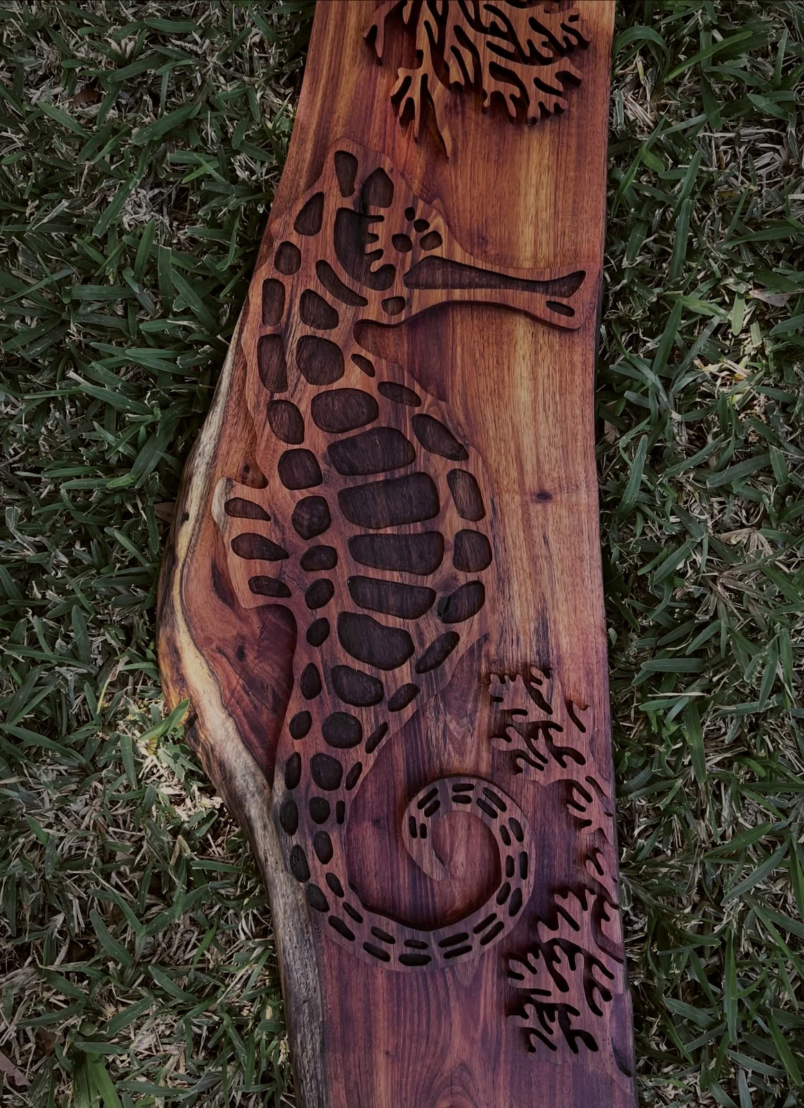Hippocampe — Planche live edge, gravure sur bois par Tony Grandin